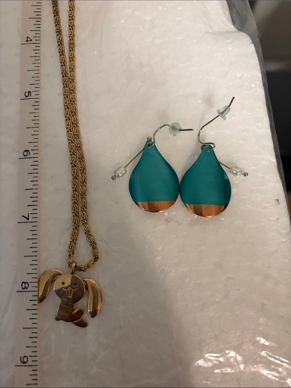 Gold Bunny Pendant Necklace with Teal and Rose Gold Accent Teardrop Earrings